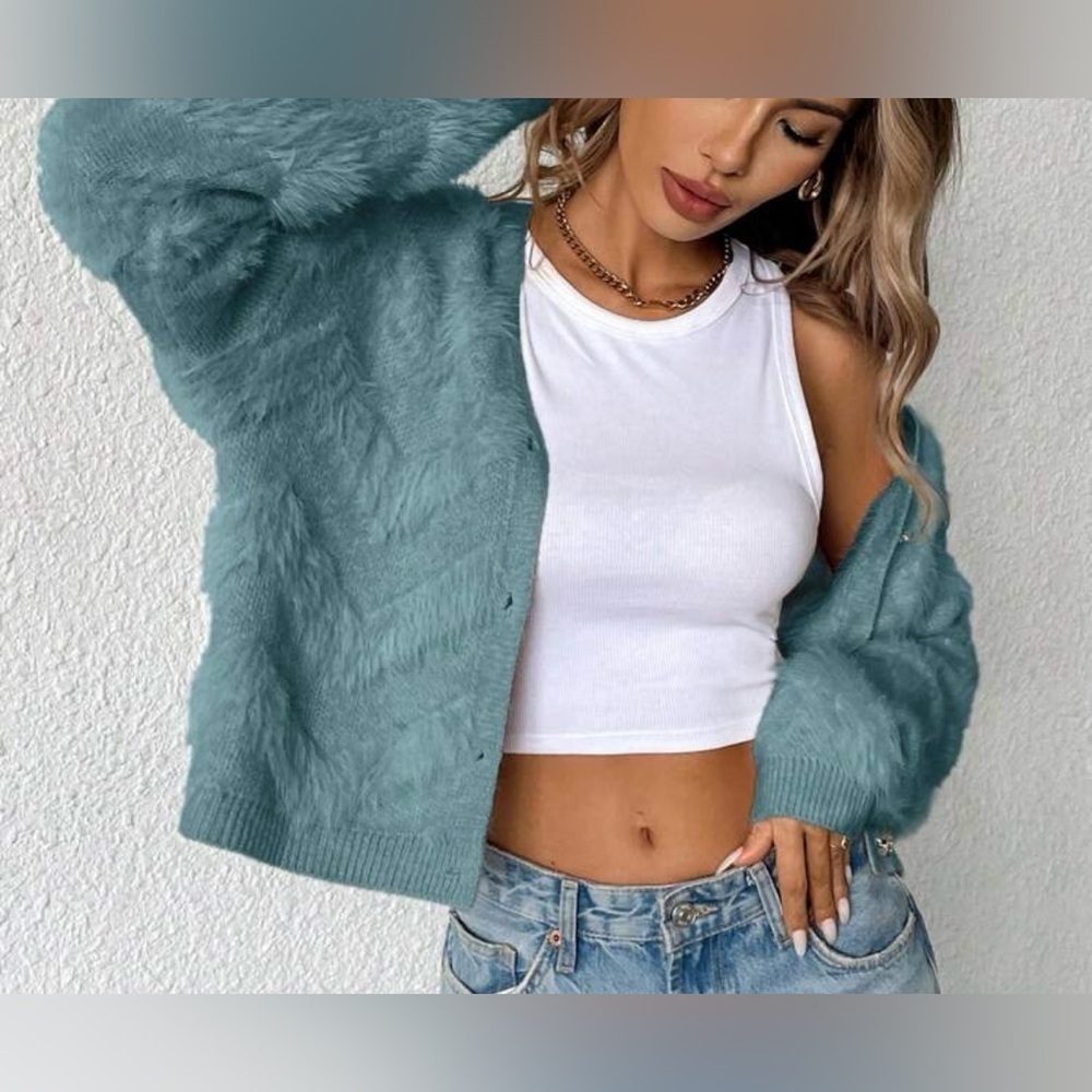 Women's Teal Fuzzy Cardigan - Picture 3 of 7